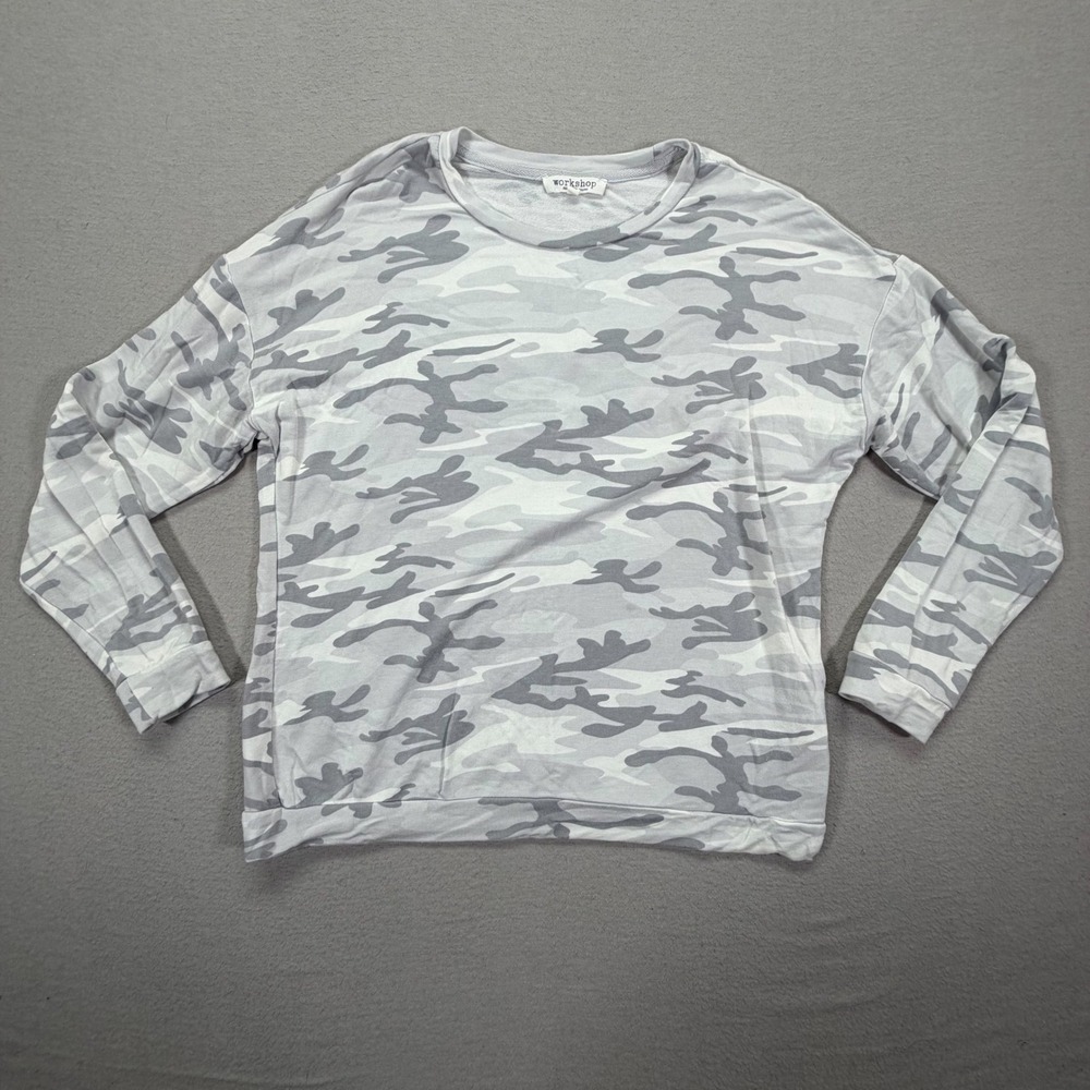 Workshop Womens Pullover Relaxed Grey Camo Long Sleeve Top M
